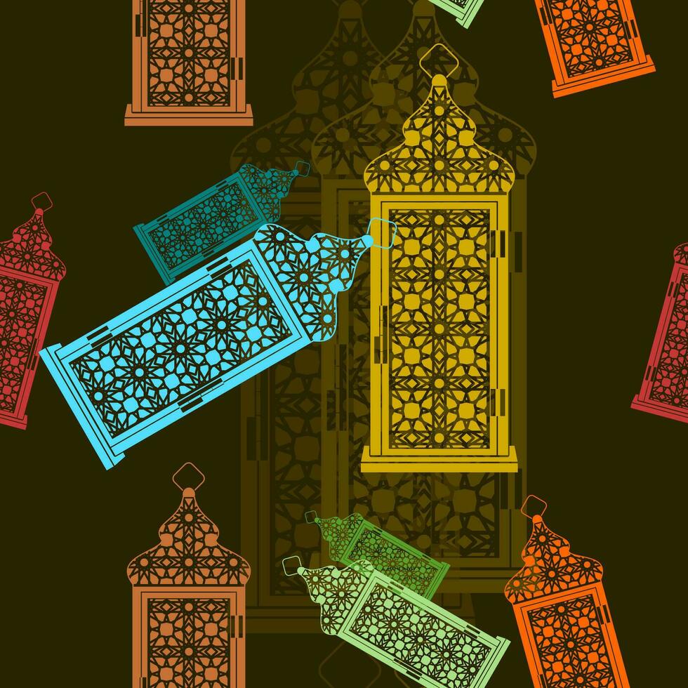Editable Flat Style Arabian Lamps Vector Illustration With Various Colors as Seamless Pattern With Dark Background for Islamic Occasional Theme Such as Ramadan and Eid or Arab Culture