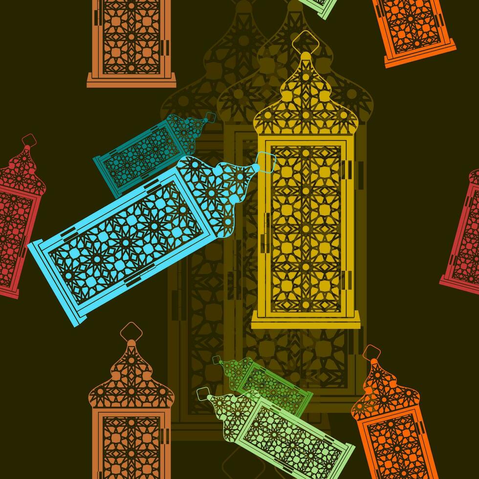 editable plano estilo árabe lamparas vector ilustración con varios colores como sin costura modelo con oscuro antecedentes para islámico ocasional tema tal como Ramadán y eid o árabe cultura