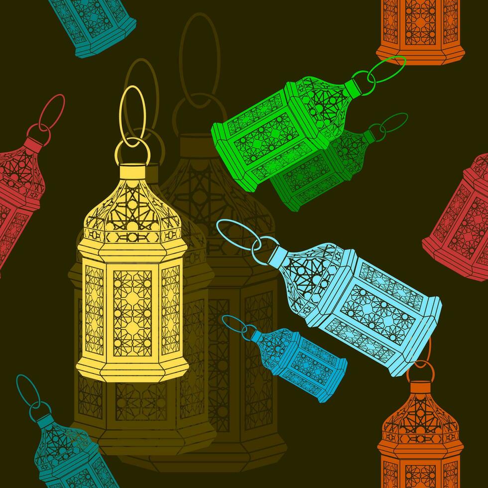 editable árabe lamparas vector ilustración en plano monocromo estilo con varios colores como sin costura modelo con oscuro antecedentes para islámico ocasional tema tal como Ramadán y eid o árabe cultura