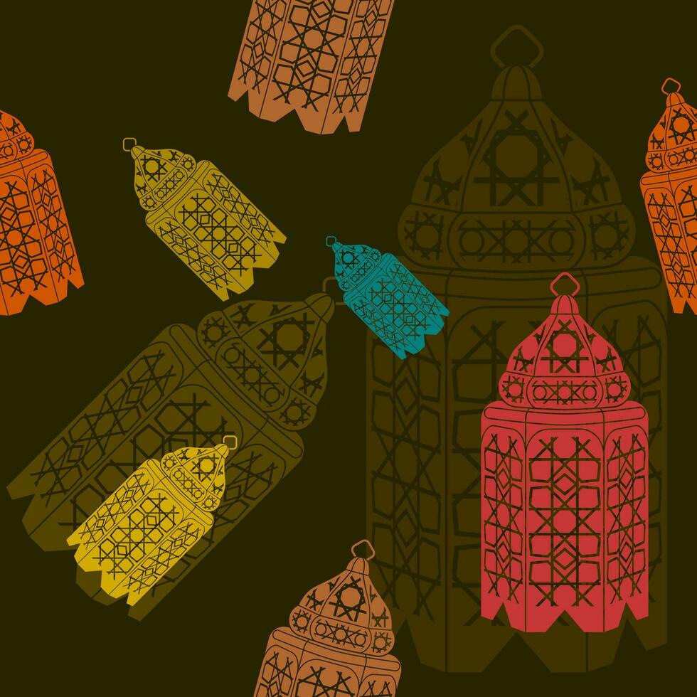 editable plano monocromo estilo con varios colores árabe lamparas vector ilustración como sin costura modelo con oscuro antecedentes para islámico ocasional tema tal como Ramadán y eid o árabe cultura