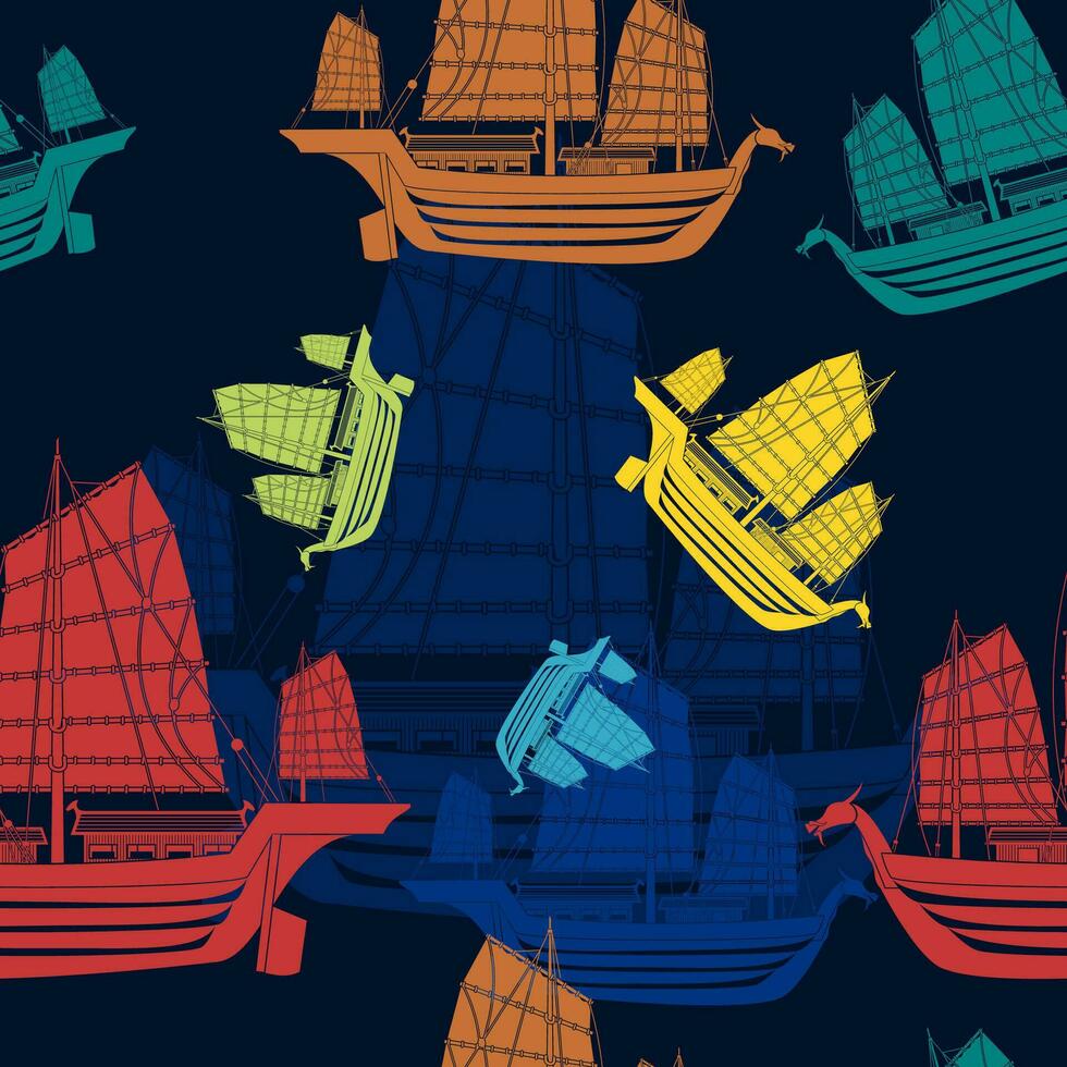 Editable Flat Monochrome Style Side View Ancient Japanese Ship Vector Illustration in Various Colors as Seamless Pattern With Dark Background for Transportation and Cultural Education Related Design