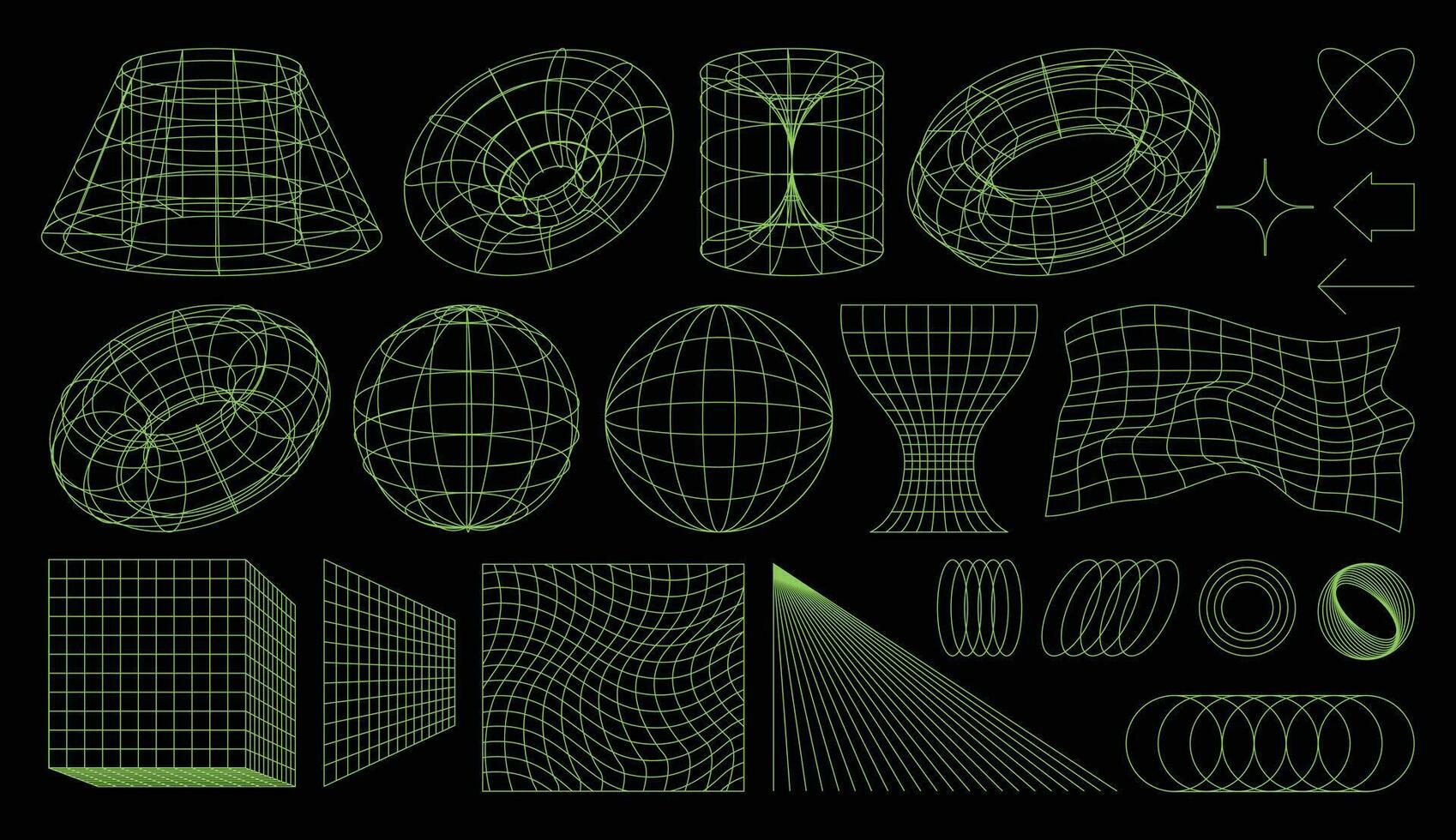 Set of Y2K elements, wireframes, 3d geometric shapes, grids, and linear forms inspired by brutalism, cyberpunk and retro futuristic styles. Vector geometric graphic aesthetic torus, cube, sphere etc.