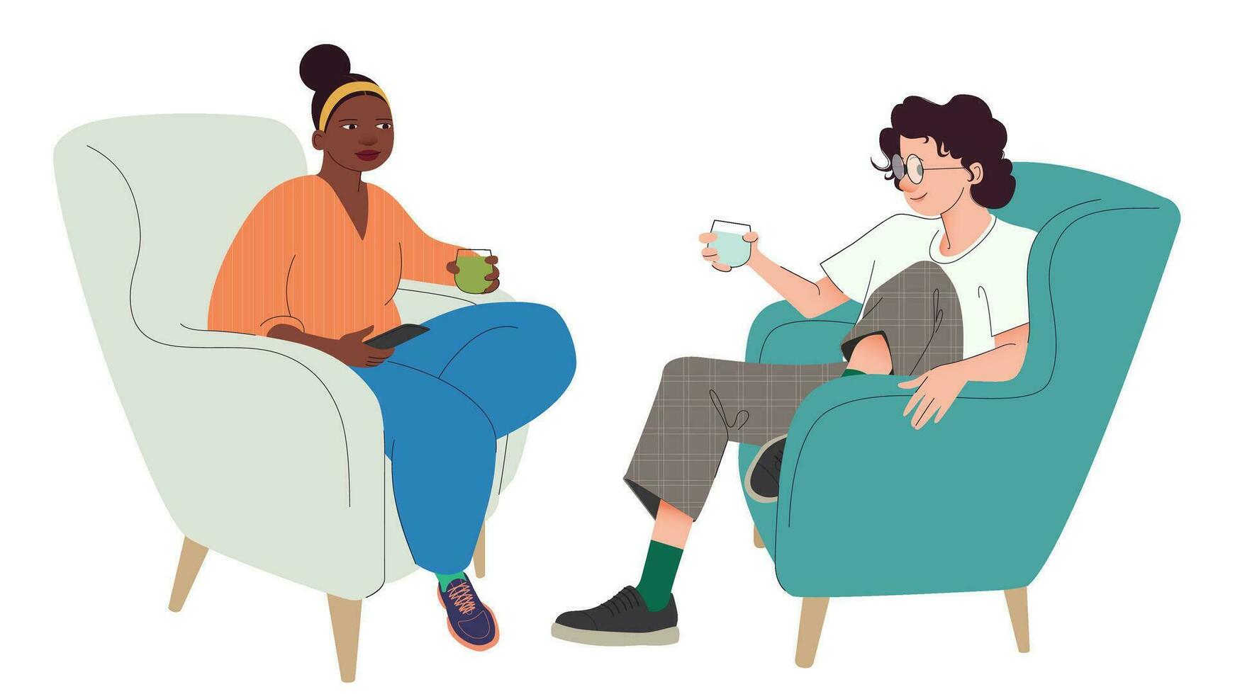 A man and a woman talking sitting in armchairs. Communication concept. Relaxed conversation between two people. Dialogue between coworkers, friends, or colleagues. Conversation between people. vector