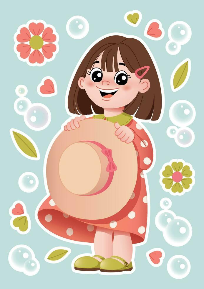 linda niña pegatina embalar. sonriente pequeño niña participación un sombrero en su manos. floral y burbuja elementos. contento bonito kawaii niña dibujos animados para niños personaje. vector ilustración eps.