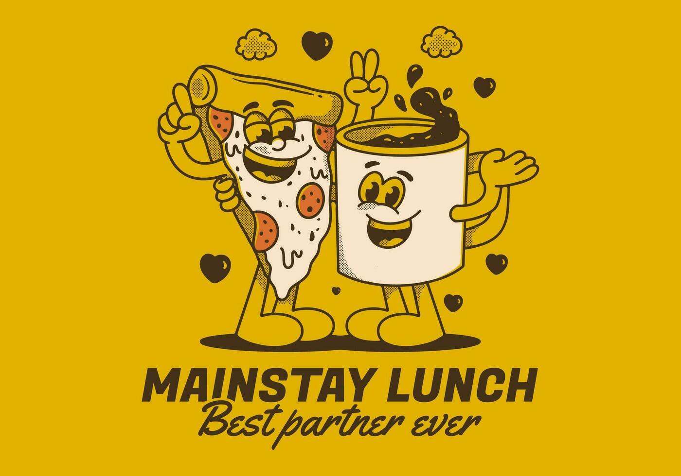 Mainstay lunch, best partner ever. Mascot character of a coffee mug and a slice pizza vector