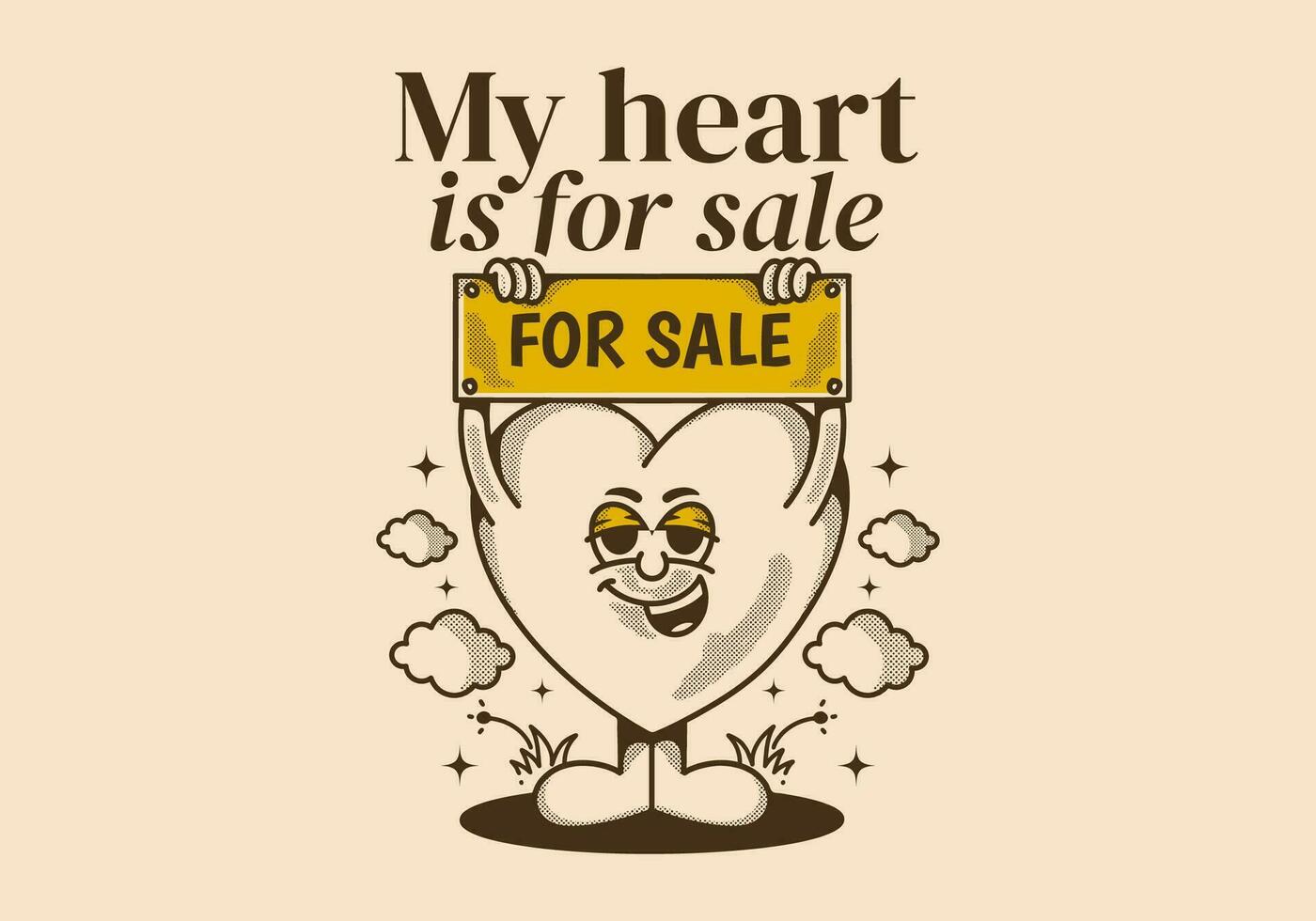 My heart is for sale. Mascot character of a heart holding a board with for sale text vector