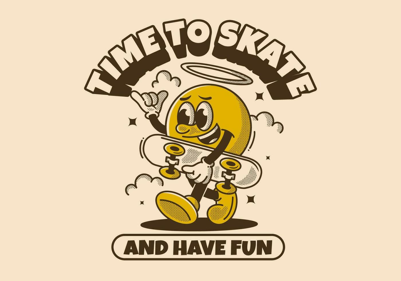 Time to skate and have fun. Walking ball head character holding a skate board vector