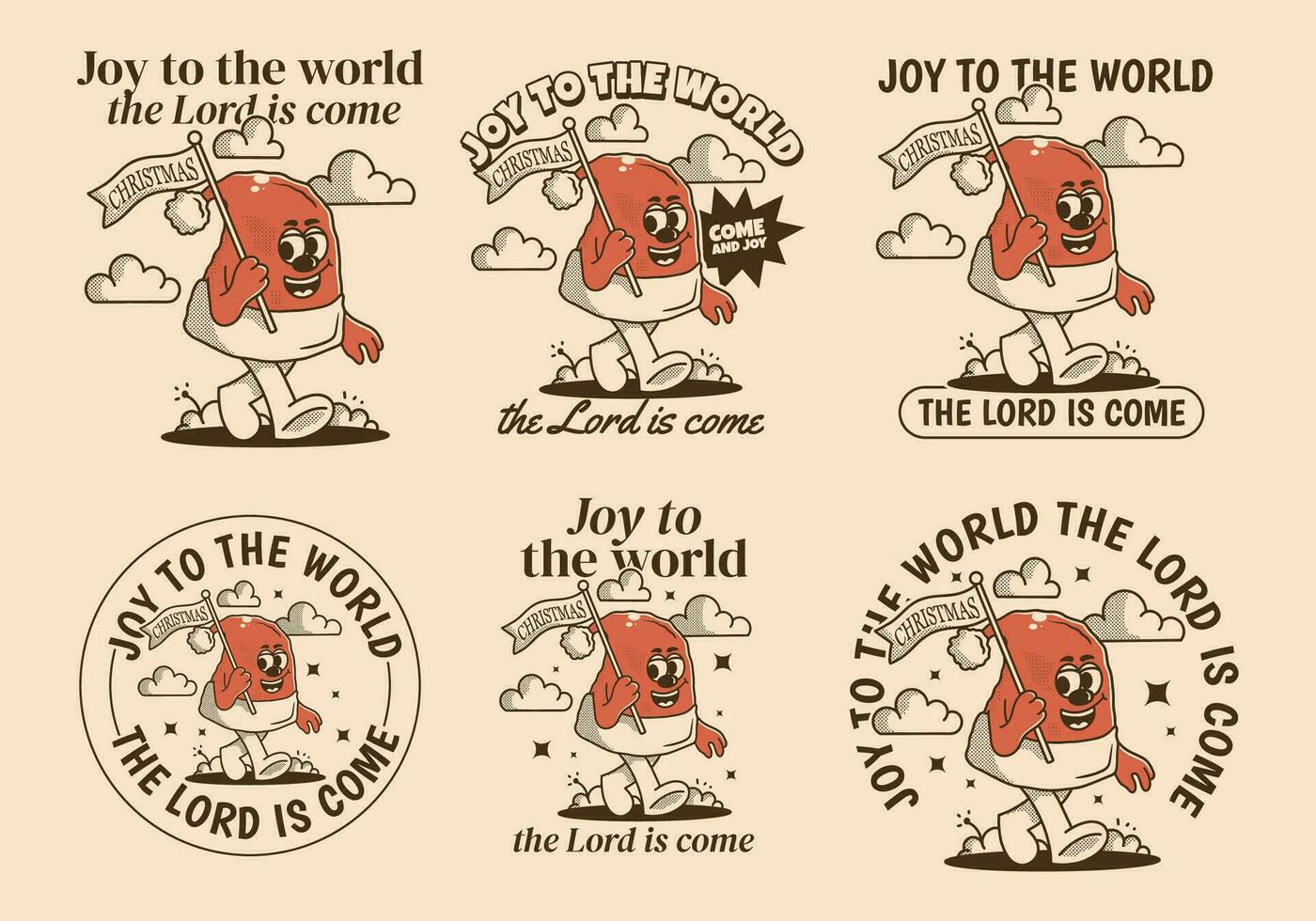 Joy to the world the Lord is come. Character illustration of walking Christmas hat vector