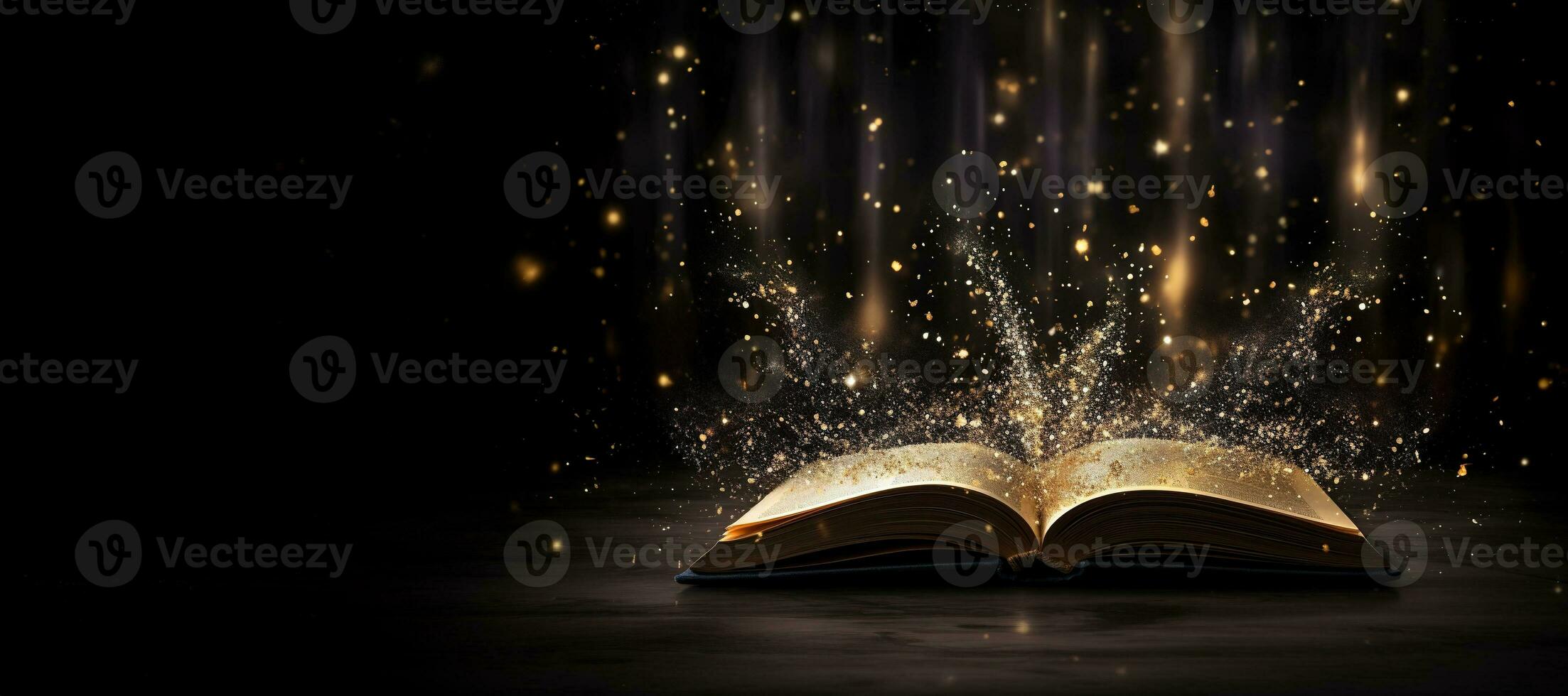 ai generado generativo ai, abierto antiguo libro en oscuro antecedentes con magia luces, Brillantina borroso cubrir foto