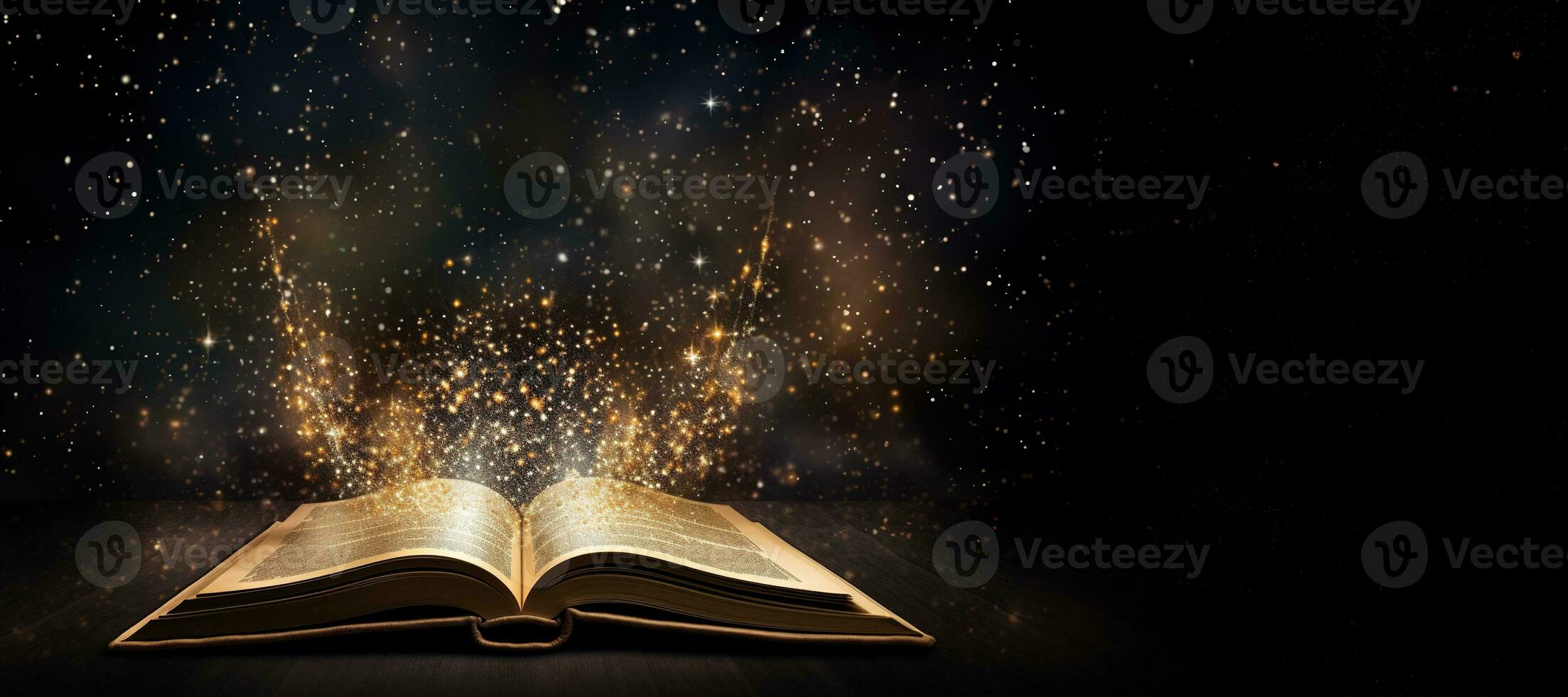 AI generated Generative AI, open antique book on dark background with magic lights, glitter blurred overlay photo