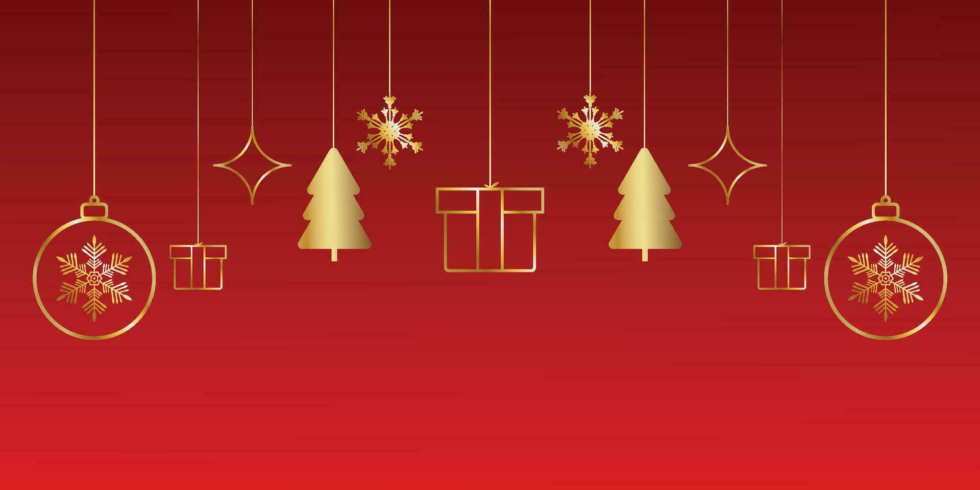 Merry Christmas red background with golden stars and tree with golden ball vector