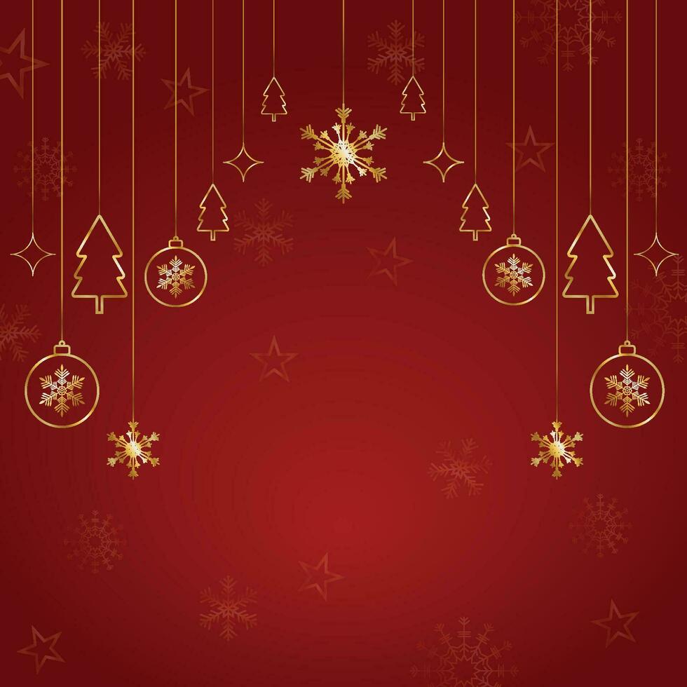 Merry Christmas with stars and gift box with tree and balls with snowflake vector