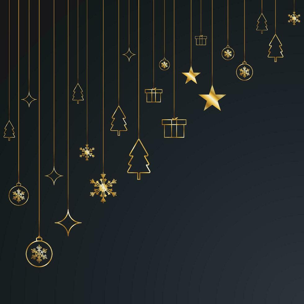 social media post design for Merry Christmas black background with golden stars and golden gift box and balls vector