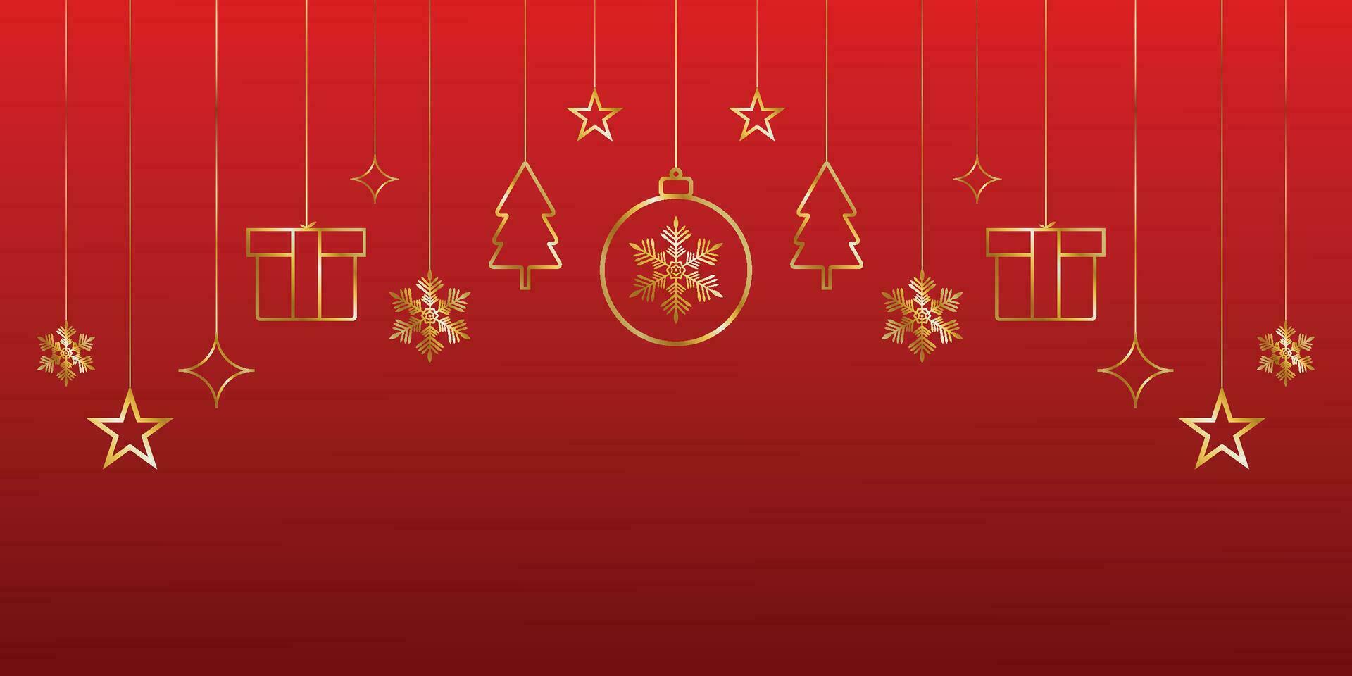Merry Christmas banner design red background with golden stars and tree with golden balls vector