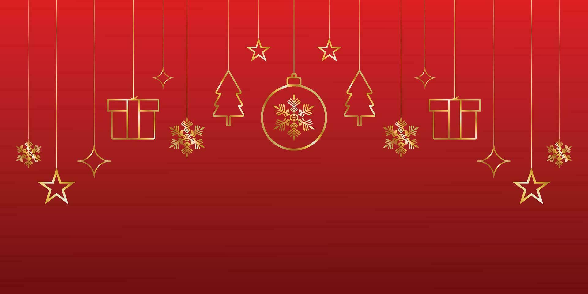 Merry Christmas banner design red background with golden stars and tree with golden balls vector