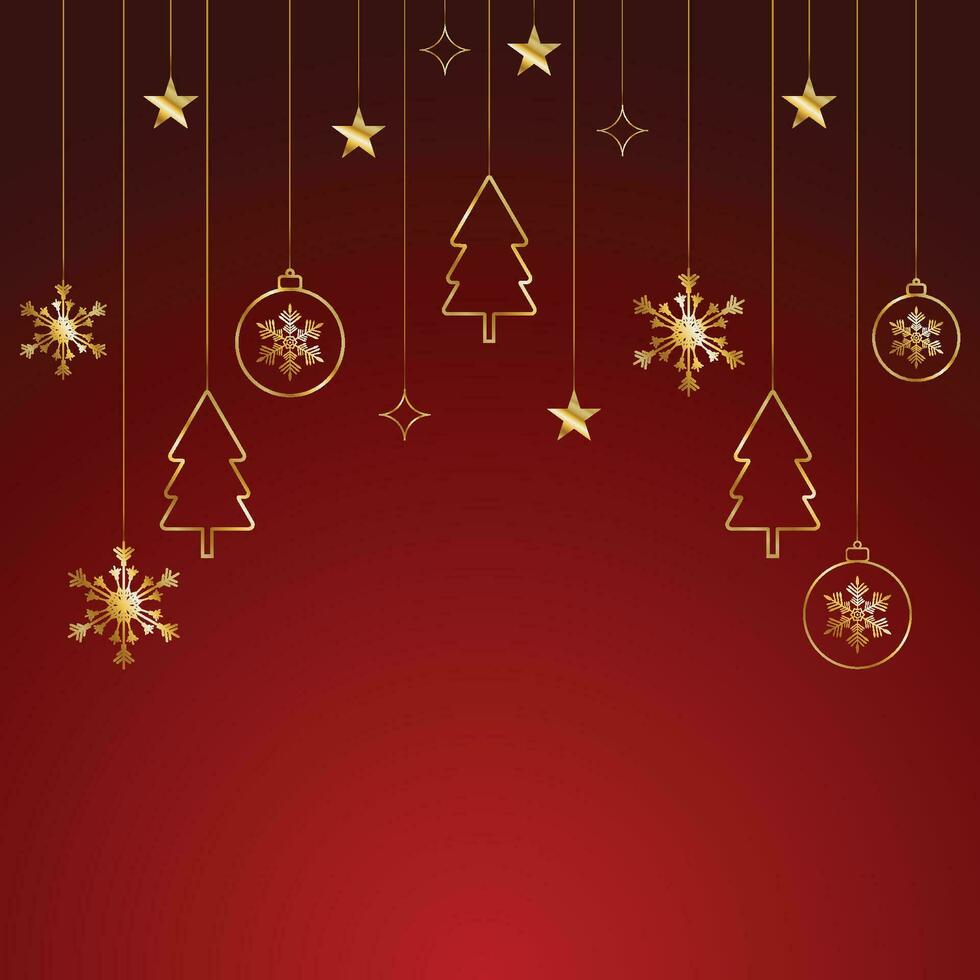 Merry Christmas red background with golden stars and golden balls with tree vector