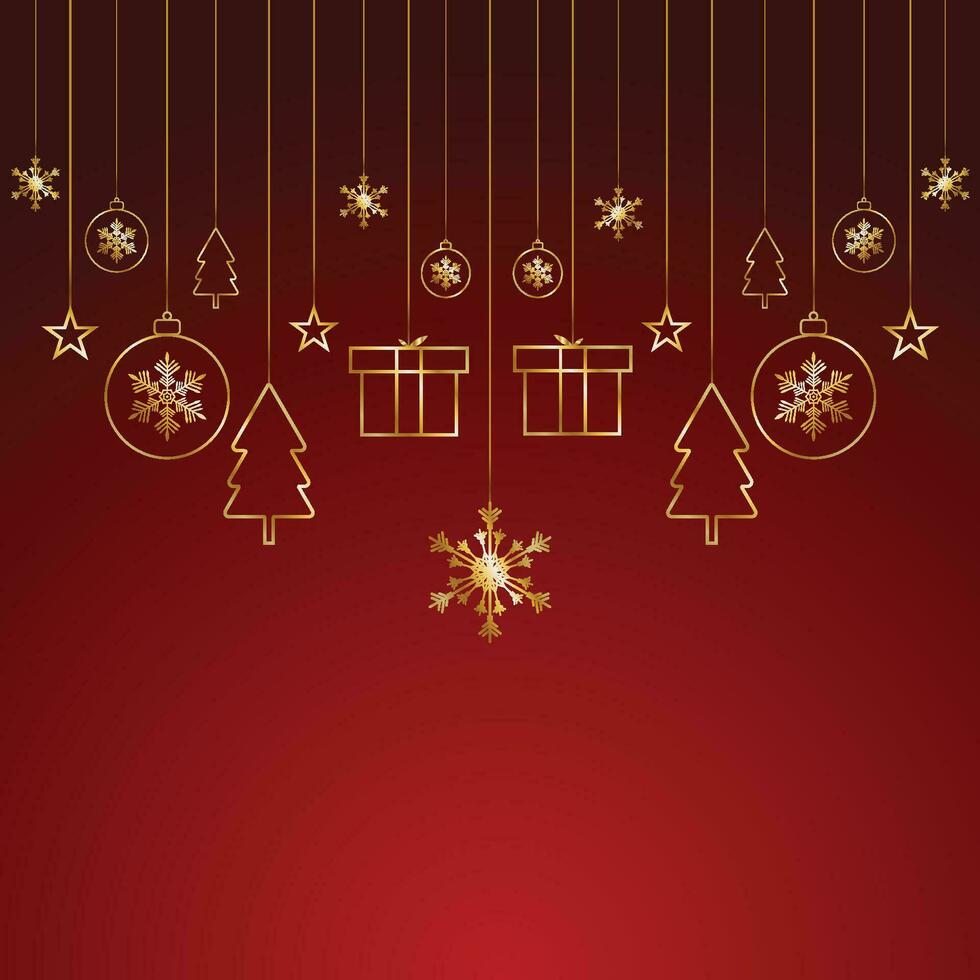 social media post design for Merry Christmas background with golden stars and gift box and golden balls with tree vector