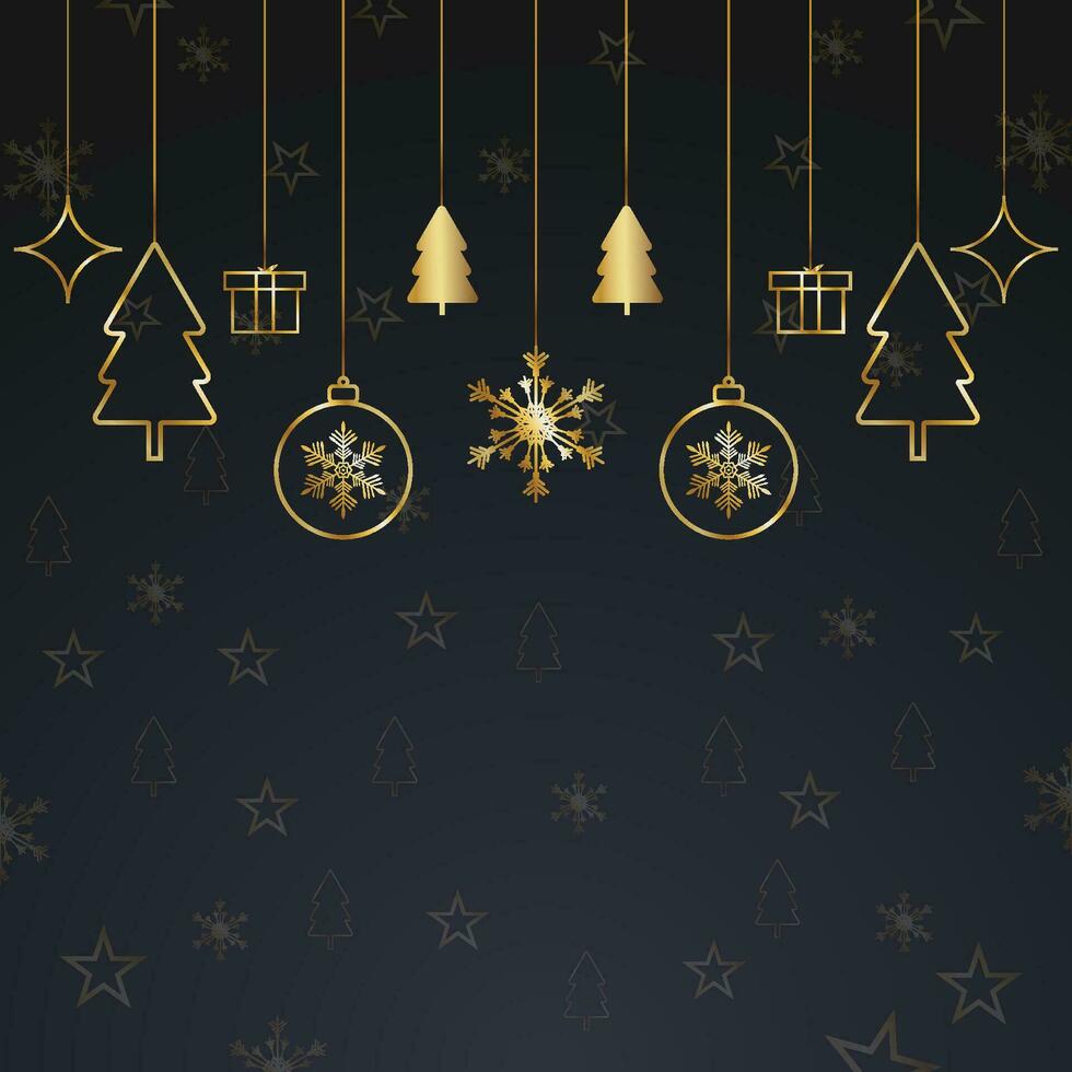 Merry Christmas red background with golden stars and tree with golden balls vector