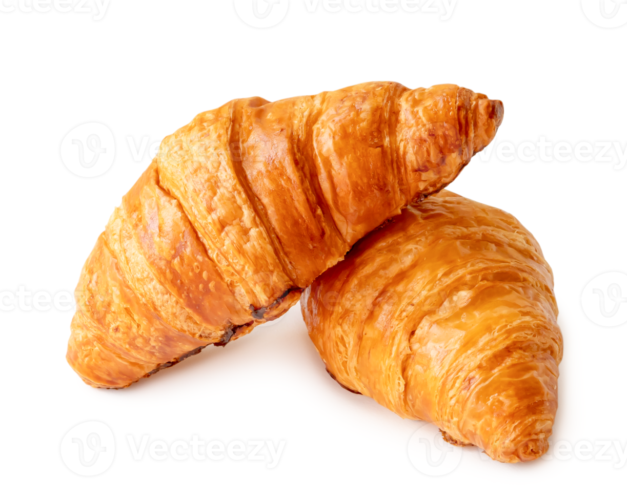 Delicious croissants in stack or cross shape isolated with clipping path and shadow in png file format