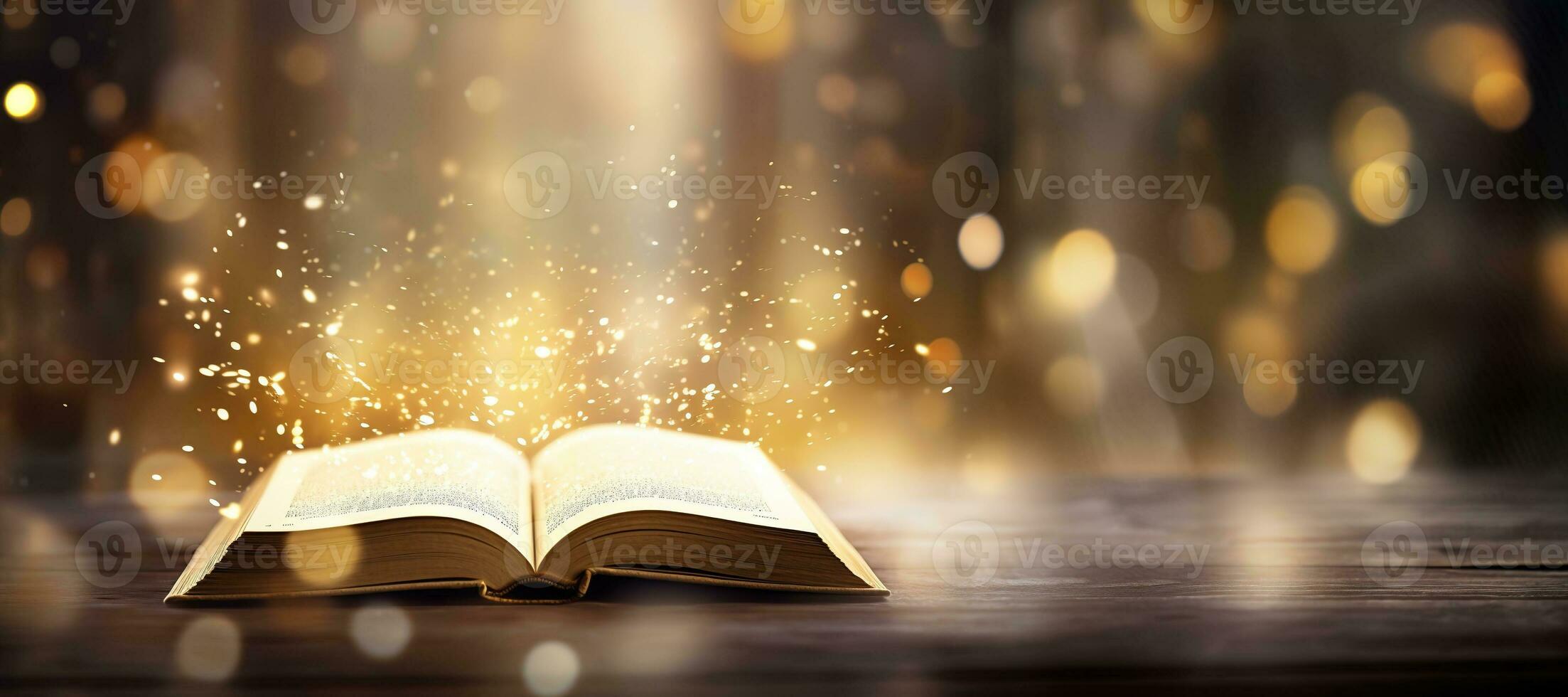 AI generated Generative AI, open antique book on wooden table with magic lights, glitter golden blurred overlay photo