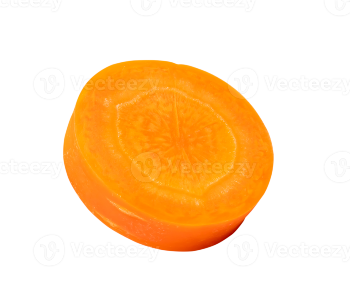 Top side view of fresh beautiful orange carrot slice isolated with clipping path in png file format