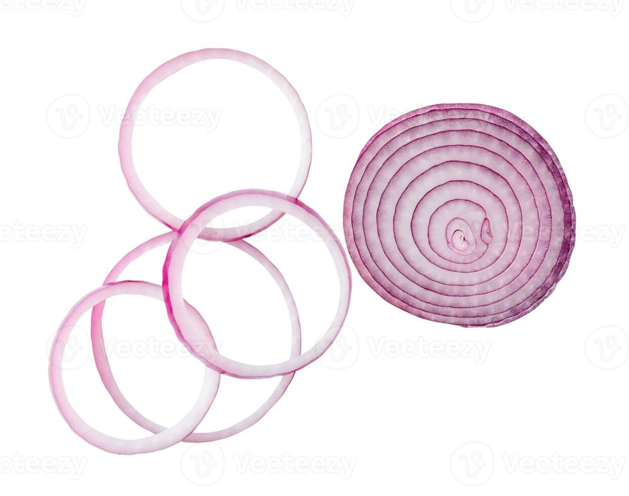 Fresh red or purple onion slices and half isolated on white background with clipping path photo