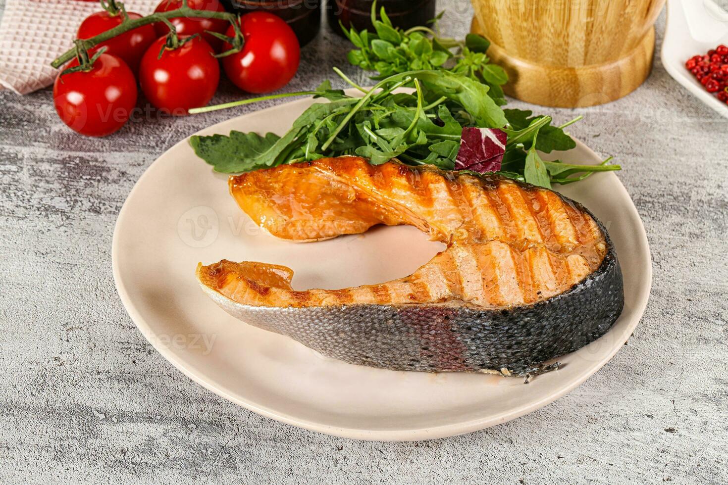 Tasty delicous grilled salmon steak photo