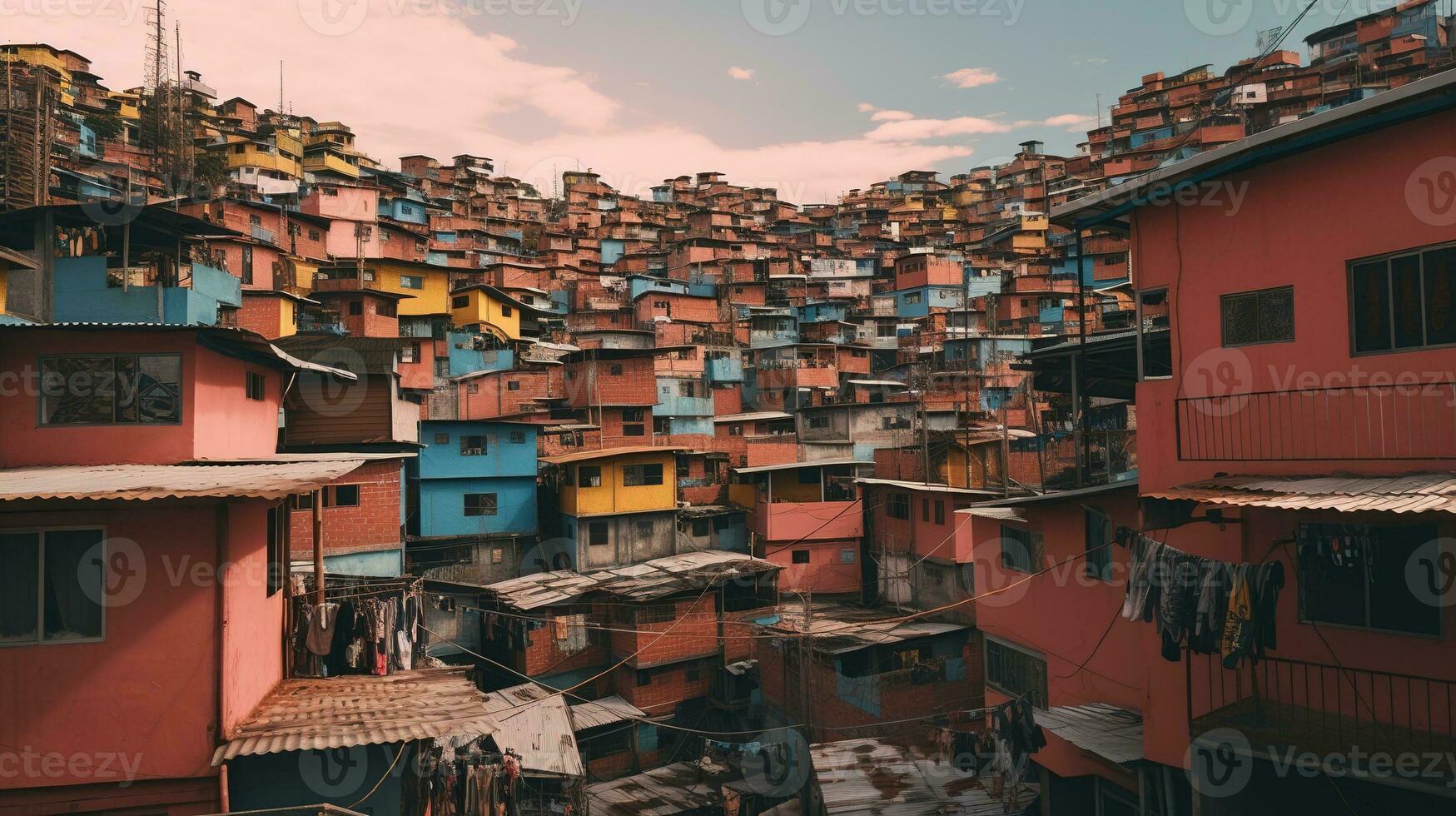 AI generated Generative AI, Brazilian favelas community, panoramic view with many houses, urban town poor house buildings photo