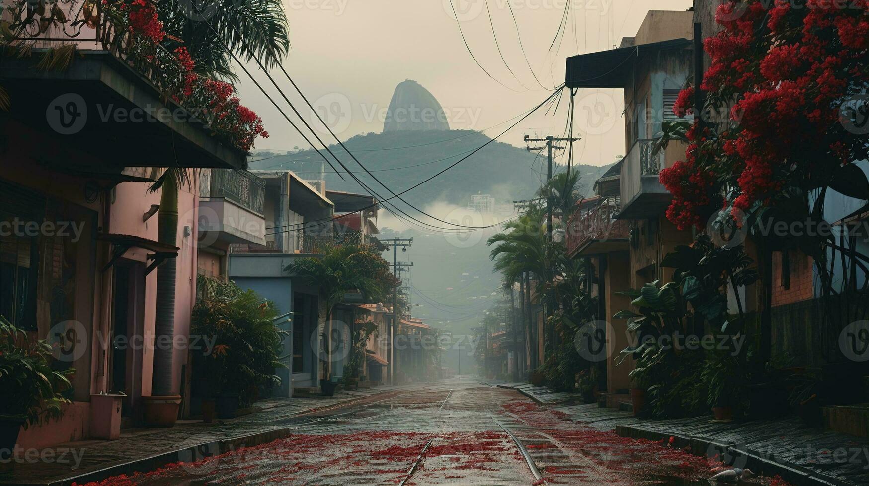 AI generated Generative AI, Brazilian favelas community, panoramic view with many houses, urban town poor house buildings photo