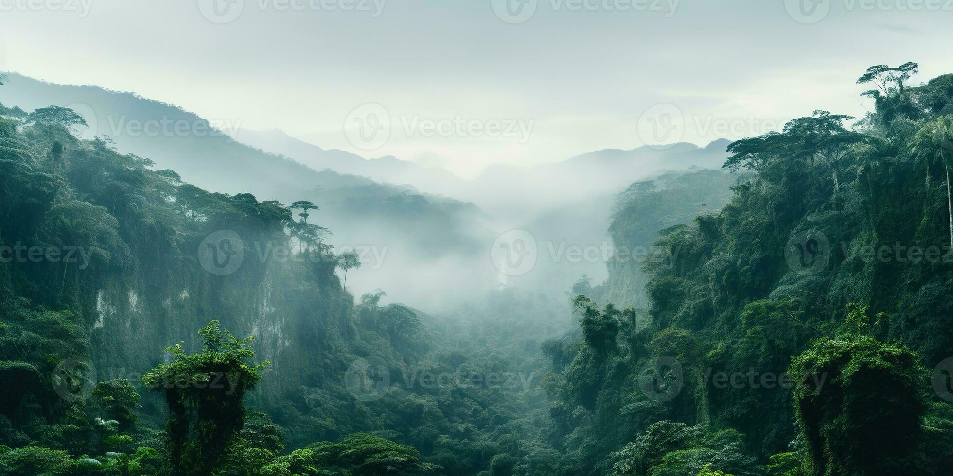 ai generado generativo ai, amazónico selva brumoso paisaje, tropical selva con palma arboles foto