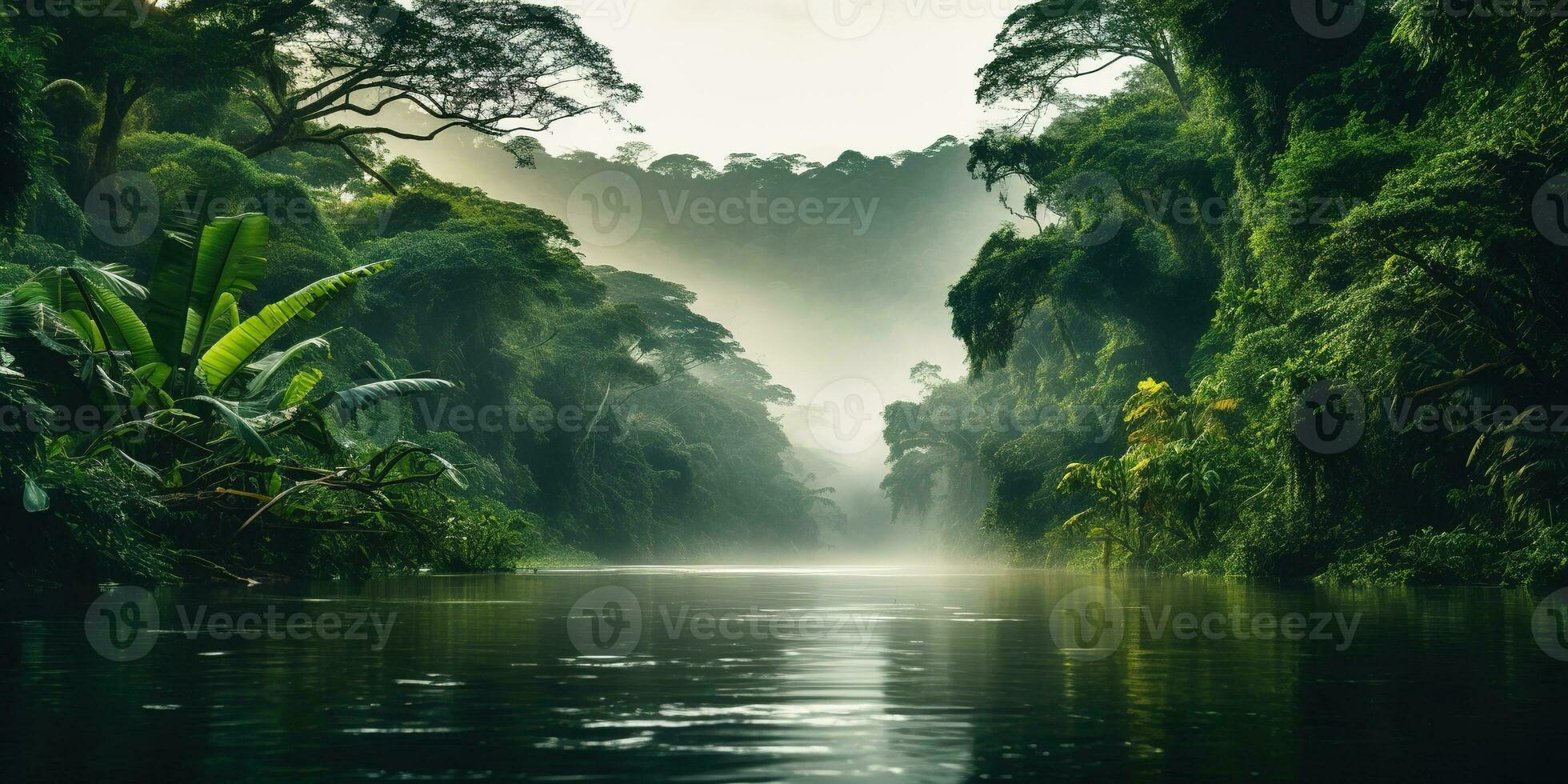 AI generated Generative AI, Amazonian jungle foggy landscape, tropical rainforest with palm trees photo
