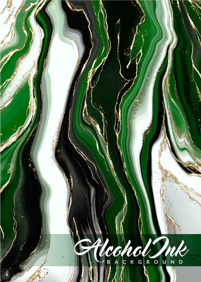 Alcohol ink watercolor background. Aesthetic dark green marble painting with glitters and golden liquid. Beautiful abstract hand-drawn suitable for wedding invitation backgrounds vector