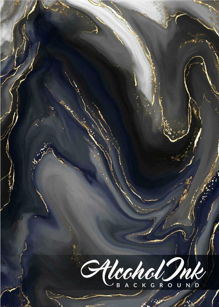 Alcohol ink watercolor background. Aesthetic dark marble painting with glitters and golden liquid. Beautiful abstract hand-drawn suitable for wedding invitation backgrounds vector