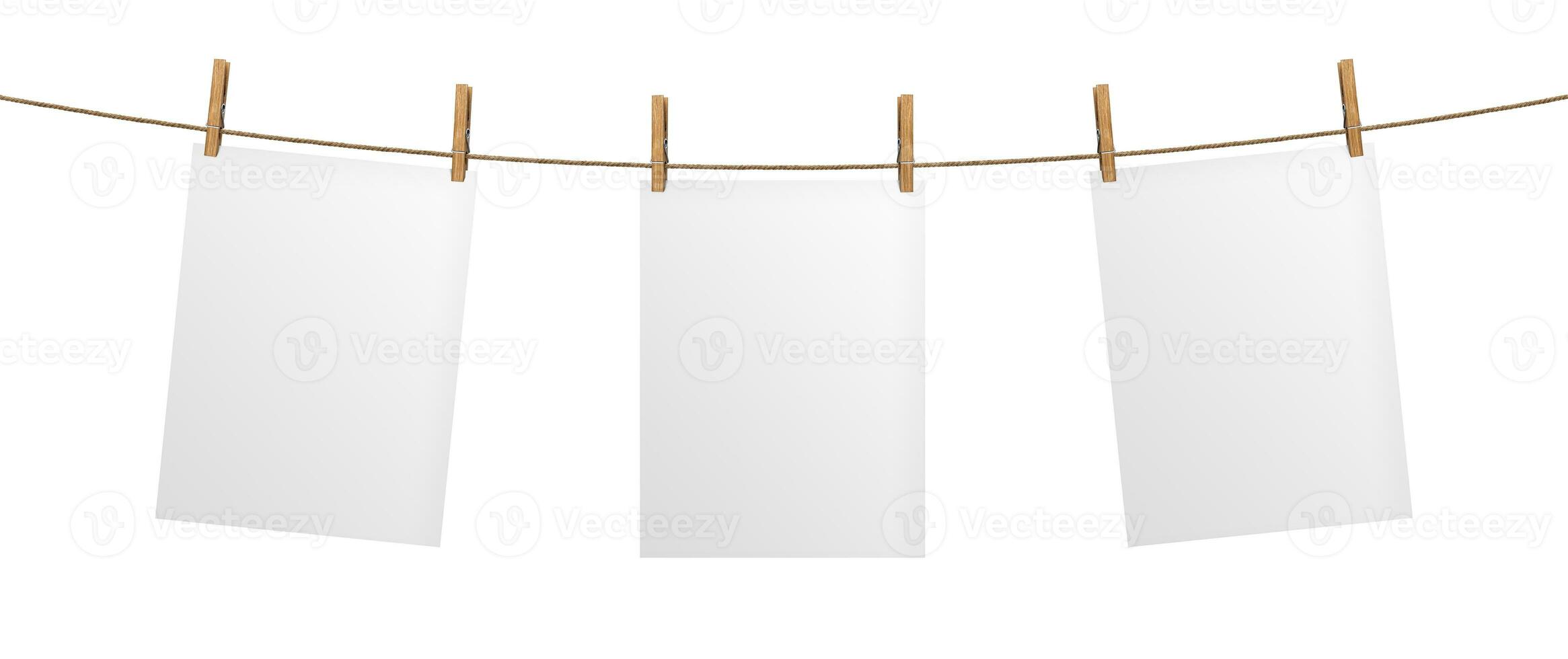 Empty paper sheet hanging on rope, isolated on white background photo