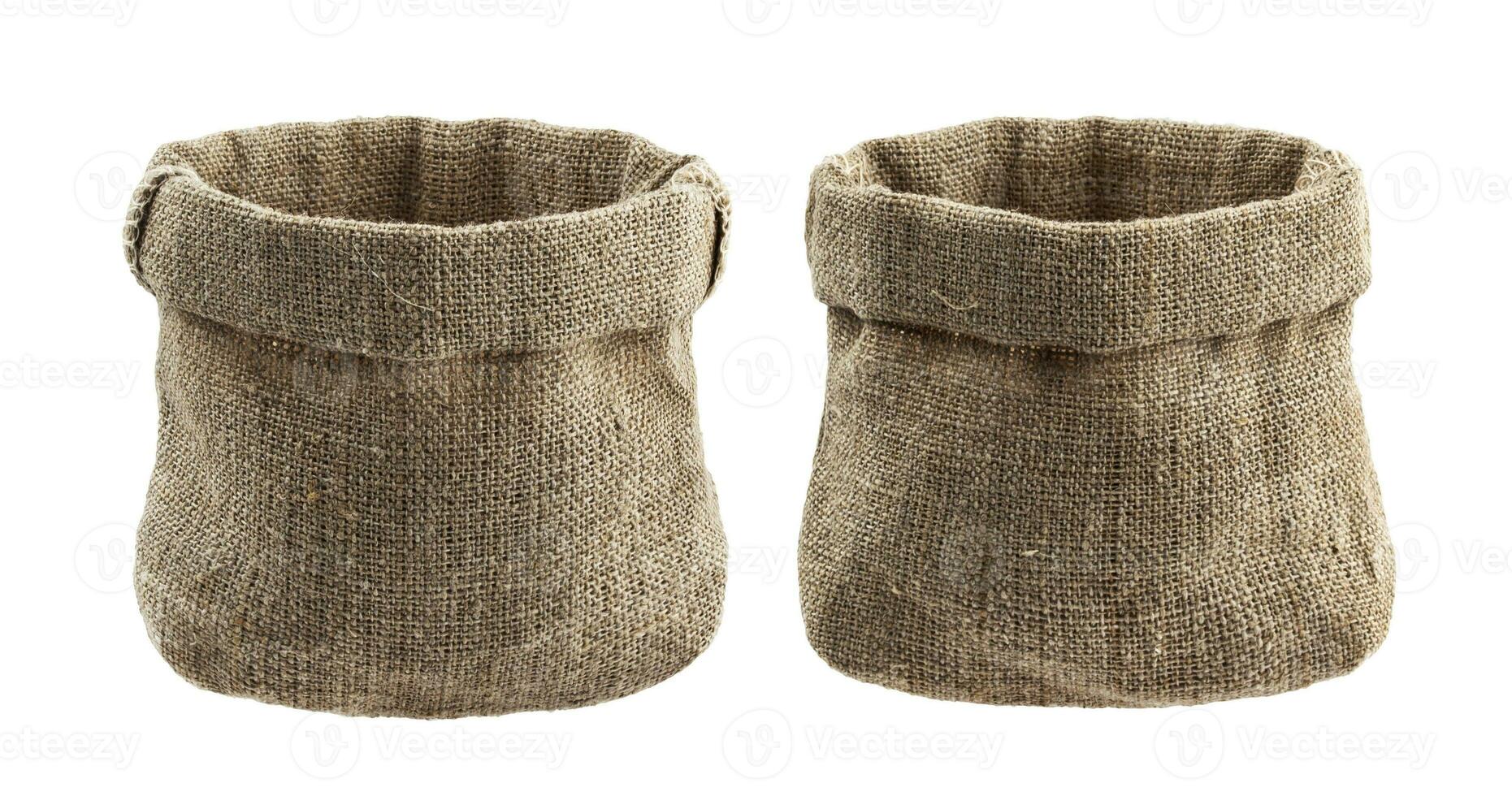 Empty burlap sack isolated on white background photo