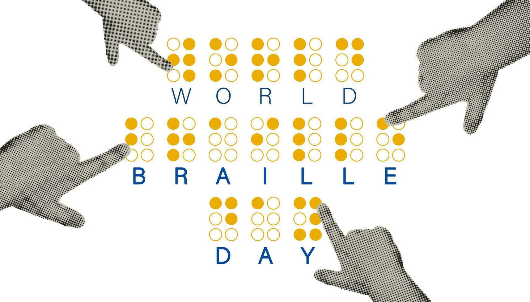 World Braille Day banner. Halftone hands reading text made by braille alphabet signs. Fingers touching the relief quote for blind. Modern vector illustration isolated on white background