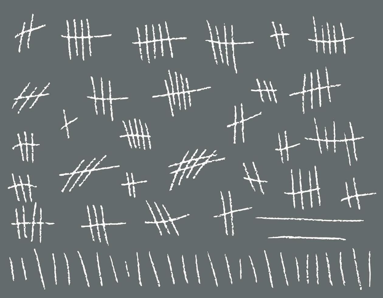 Tally mark.A set of strokes, a count of marks is counted. Chalk on a gray background sticks the line counter on the wall. vector