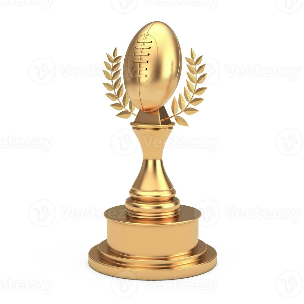 Golden Award Trophy with Golden Classic Old Rugby Ball and Laurel Wreath. 3d Rendering photo