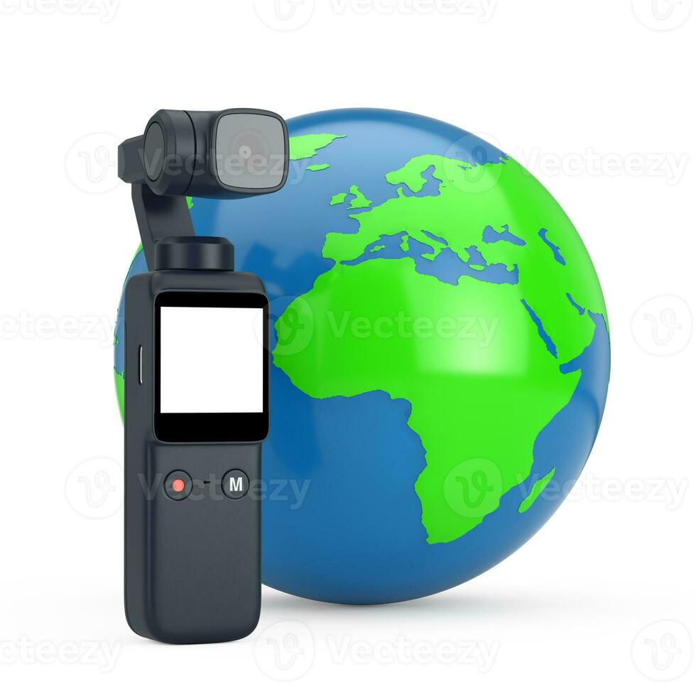 Pocket Handheld Gimbal Action Camera with Earth Globe. 3d Rendering photo