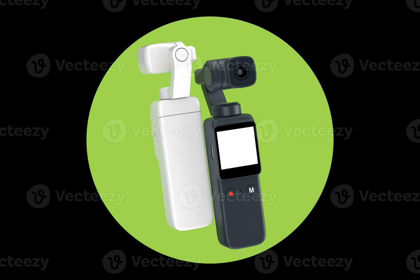 White and Black Pocket Handheld Gimbal Action Cameras. 3d Rendering photo