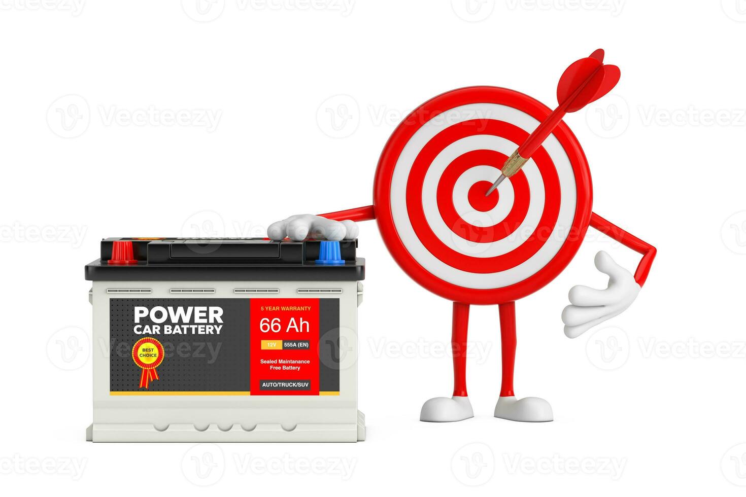 Archery Target and Dart in Center Cartoon Person Character Mascot and Rechargeable Car Battery 12V Accumulator with Abstract Label. 3d Rendering photo