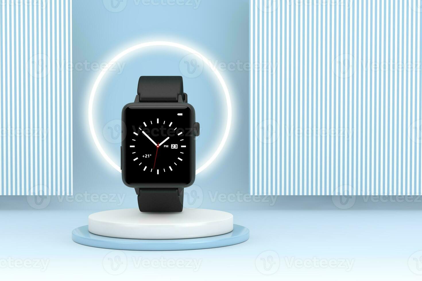 Black Modern Smart Watch Mockup on top of Product Presentation Stage or Pedestal. 3d Rendering photo