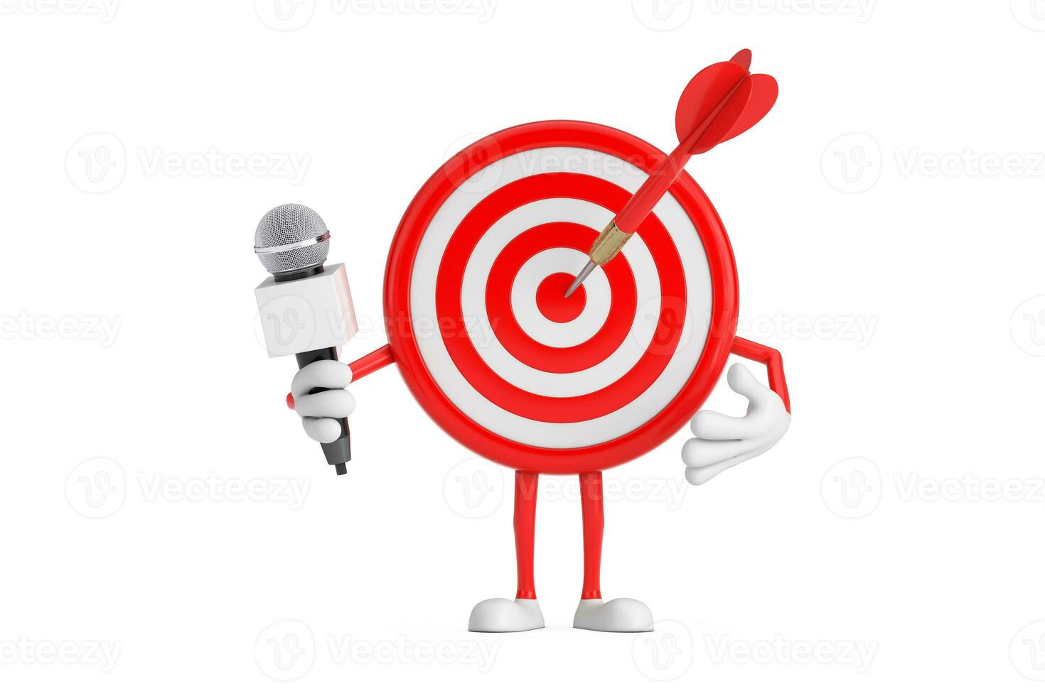 Archery Target and Dart in Center Cartoon Person Character Mascot with Modern Chrome Microphone. 3d Rendering photo
