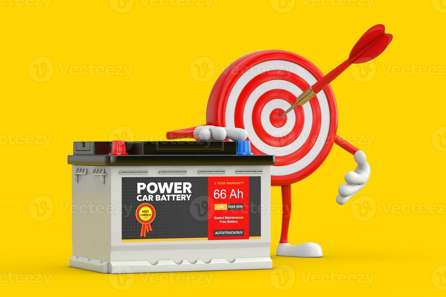Archery Target and Dart in Center Cartoon Person Character Mascot and Rechargeable Car Battery 12V Accumulator with Abstract Label. 3d Rendering photo