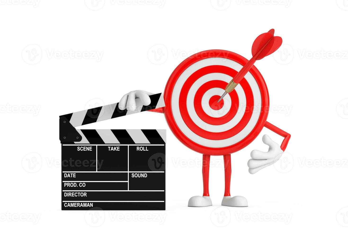 Archery Target and Dart in Center Cartoon Person Character Mascot with Movie Clapper Board. 3d Rendering photo
