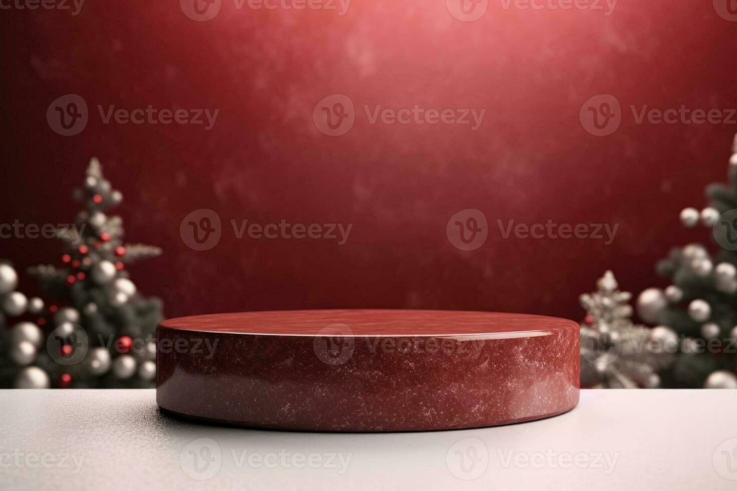 AI generated Crimson Velvet Christmas Background with a Minimalist Porcelain Podium Mockup photo