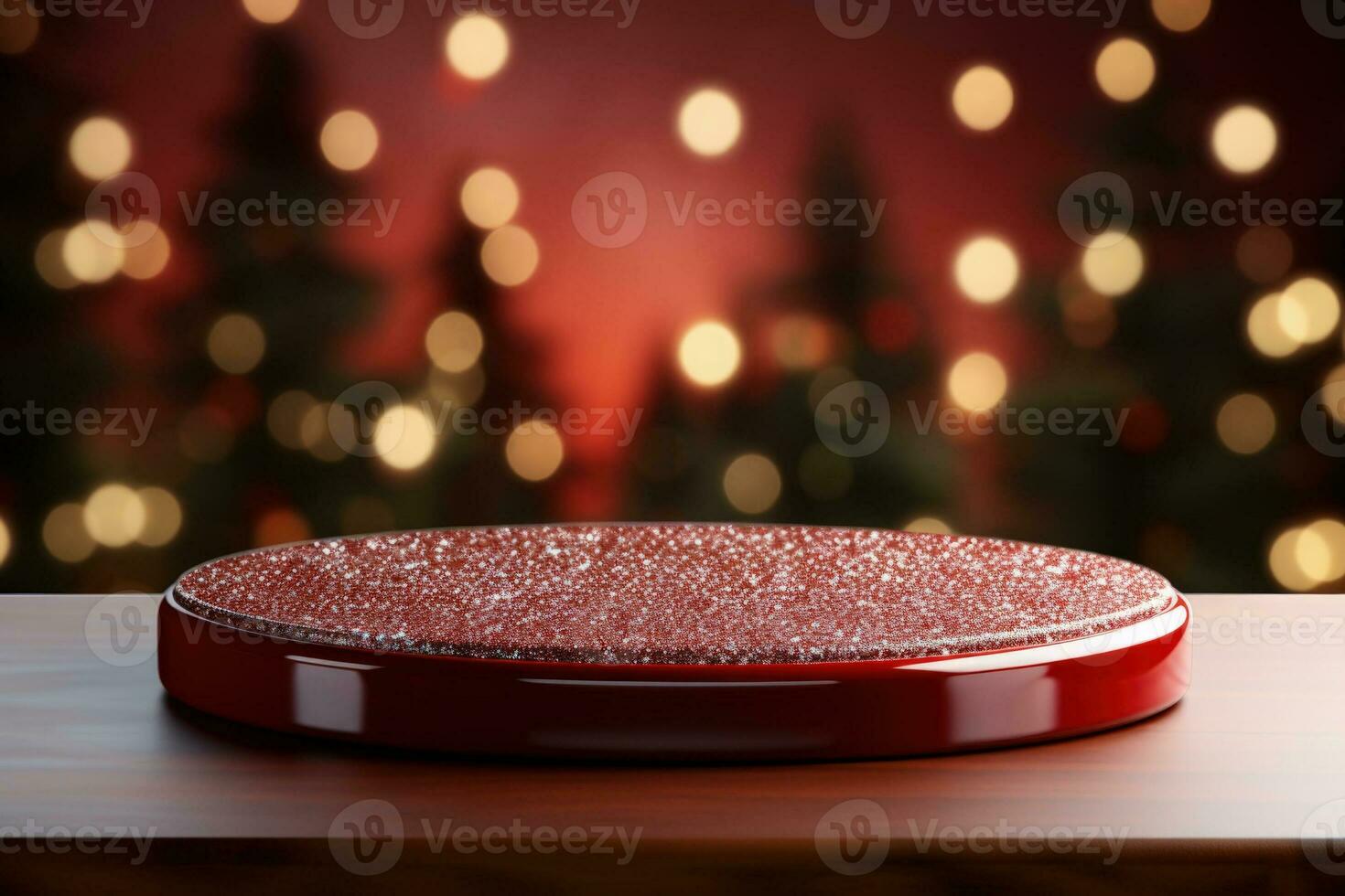 AI generated Crimson Velvet Christmas Background with a Minimalist Porcelain Podium Mockup photo