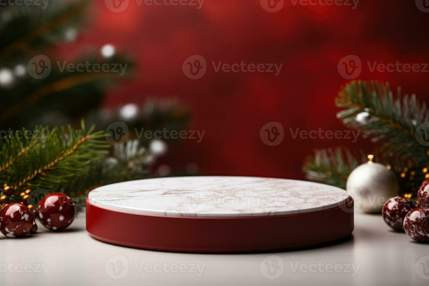 AI generated Crimson Velvet Christmas Background with a Minimalist Porcelain Podium Mockup photo