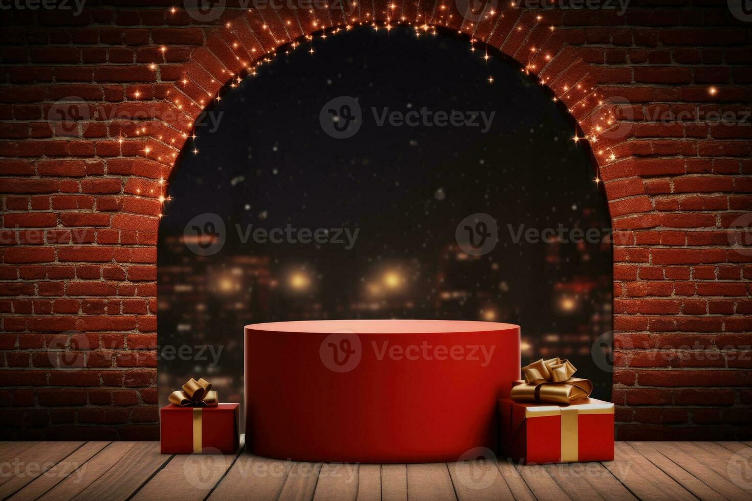 AI generated Crimson Velvet Christmas Background with a Minimalist Porcelain Podium Mockup photo