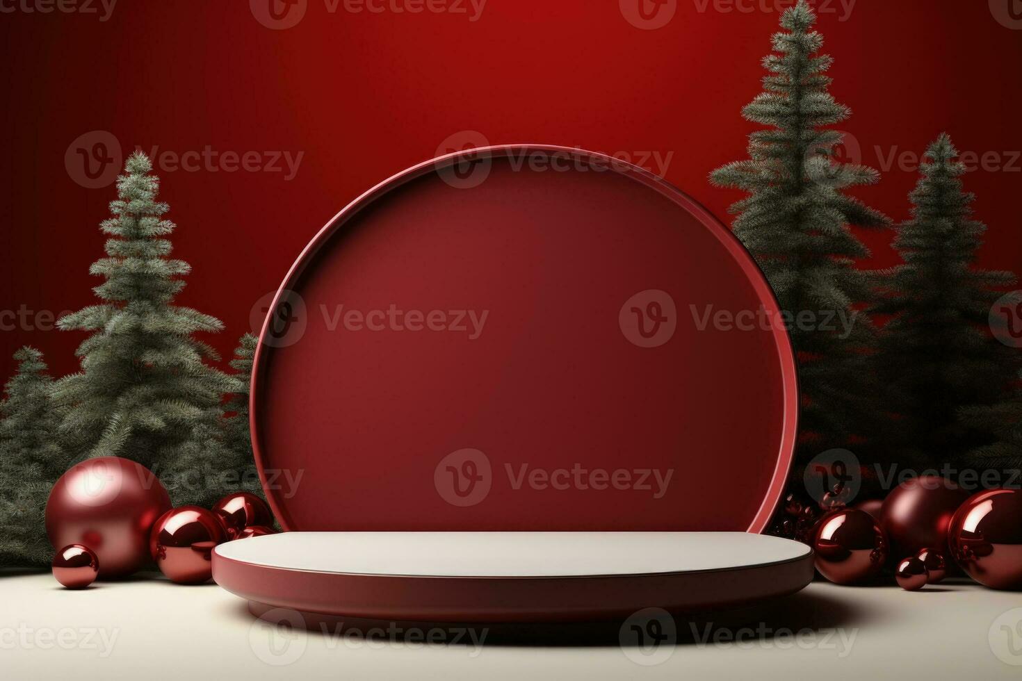 AI generated Crimson Velvet Christmas Background with a Minimalist Porcelain Podium Mockup photo